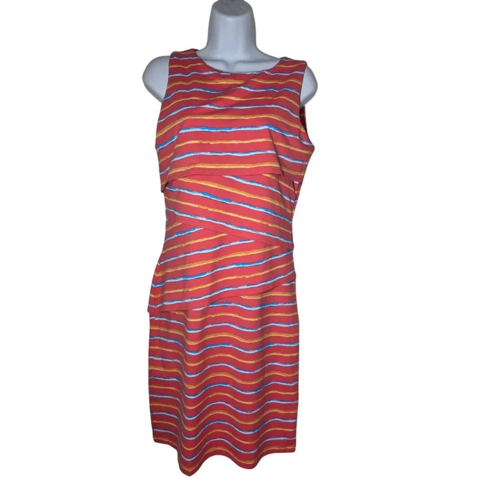 J McLaughlin Coral, Orange‎ & Blue Sleeveless Striped Knee Length Dress S/M NWT
